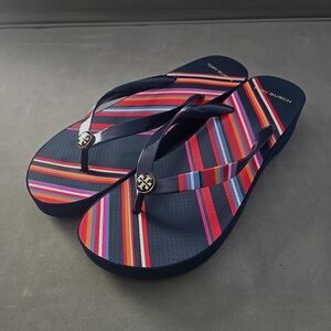 Tory Burch Navy and Multicolor Striped Sandals